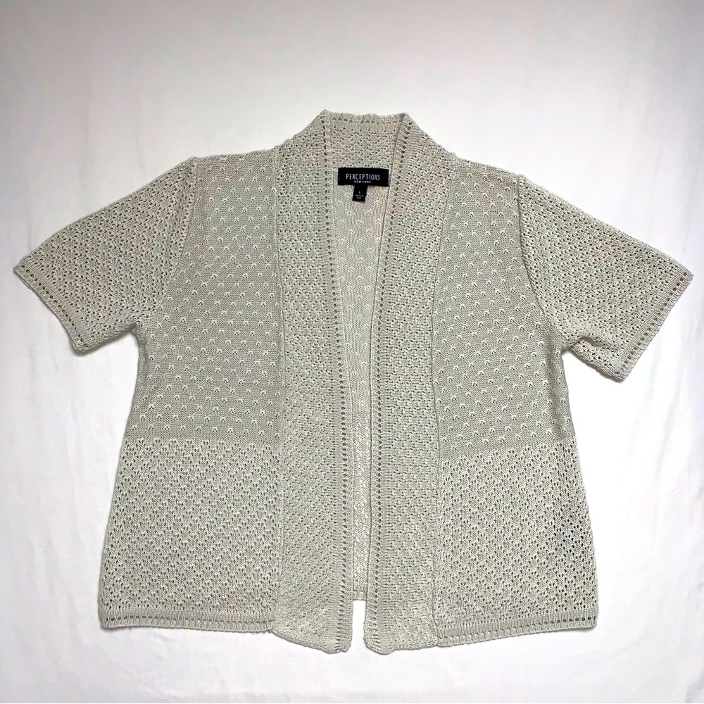 Crochet Cardigan Women's Large Light Tan Short Sleeve Open Front Sweater Summer
